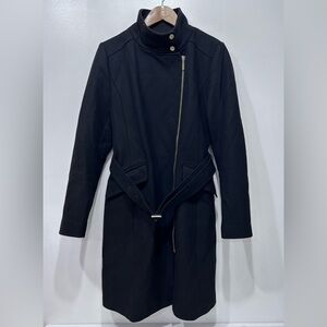 Cole Haan Signature Womens Black Wool Blend Asymmetrical Zip Belted Coat Size 10